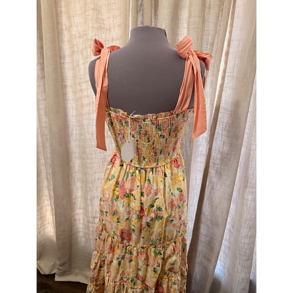 Storia Yellow Floral Smocked Maxi Dress Tie Strap Tiered JD5855 Womens Large NWT - Picture 3 of 6